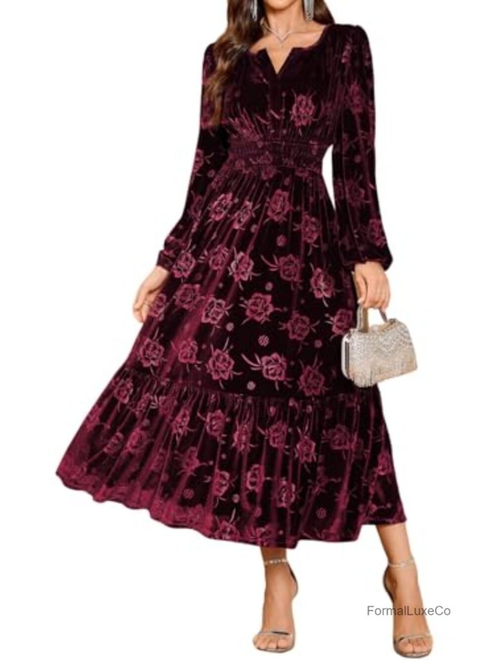 Velvet Maxi Dress Long Sleeve V Neck Smocked Waist Formal